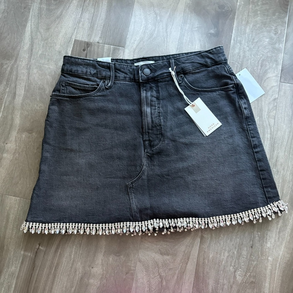 GOOD AMERICAN NWT Denim Crystal Trim Skirt Size 8 $150‎ Retail - Picture 4 of 10